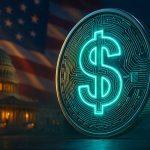 A glowing digital dollar coin in front of a US flag and government building.