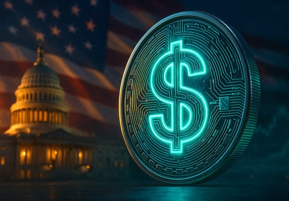 A glowing digital dollar coin in front of a US flag and government building.