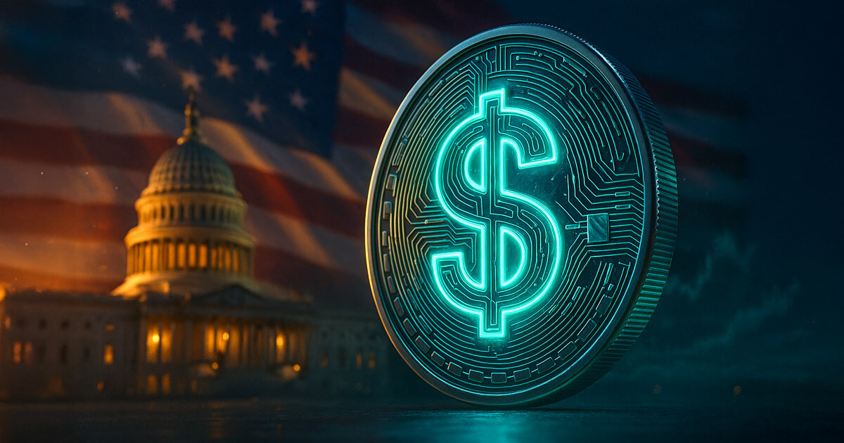A glowing digital dollar coin in front of a US flag and government building.