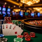 A close-up of poker cards and poker chips on a casino table with a roulette wheel in the background