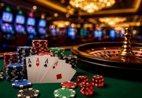 A close-up of poker cards and poker chips on a casino table with a roulette wheel in the background