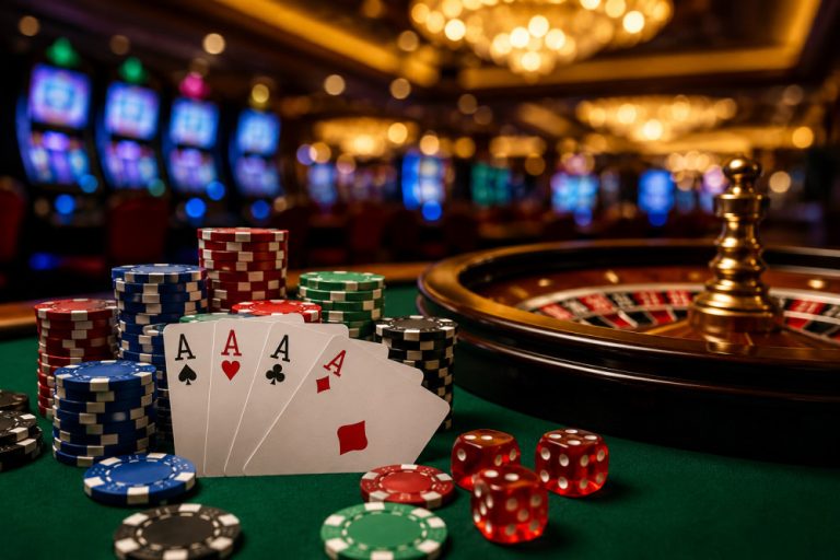 A close-up of poker cards and poker chips on a casino table with a roulette wheel in the background